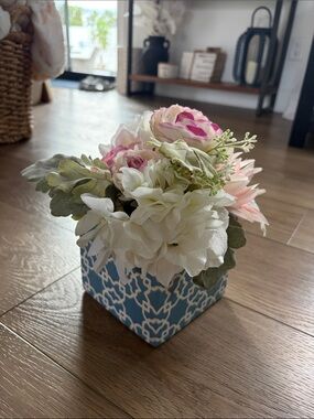 Pier 1 imports Floral Faux Arrangement in Blue Patterned Cube